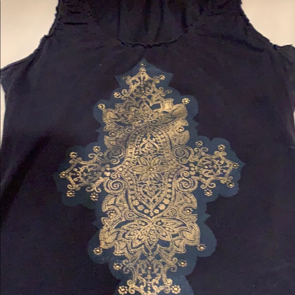 Blue tank top with gold emblem